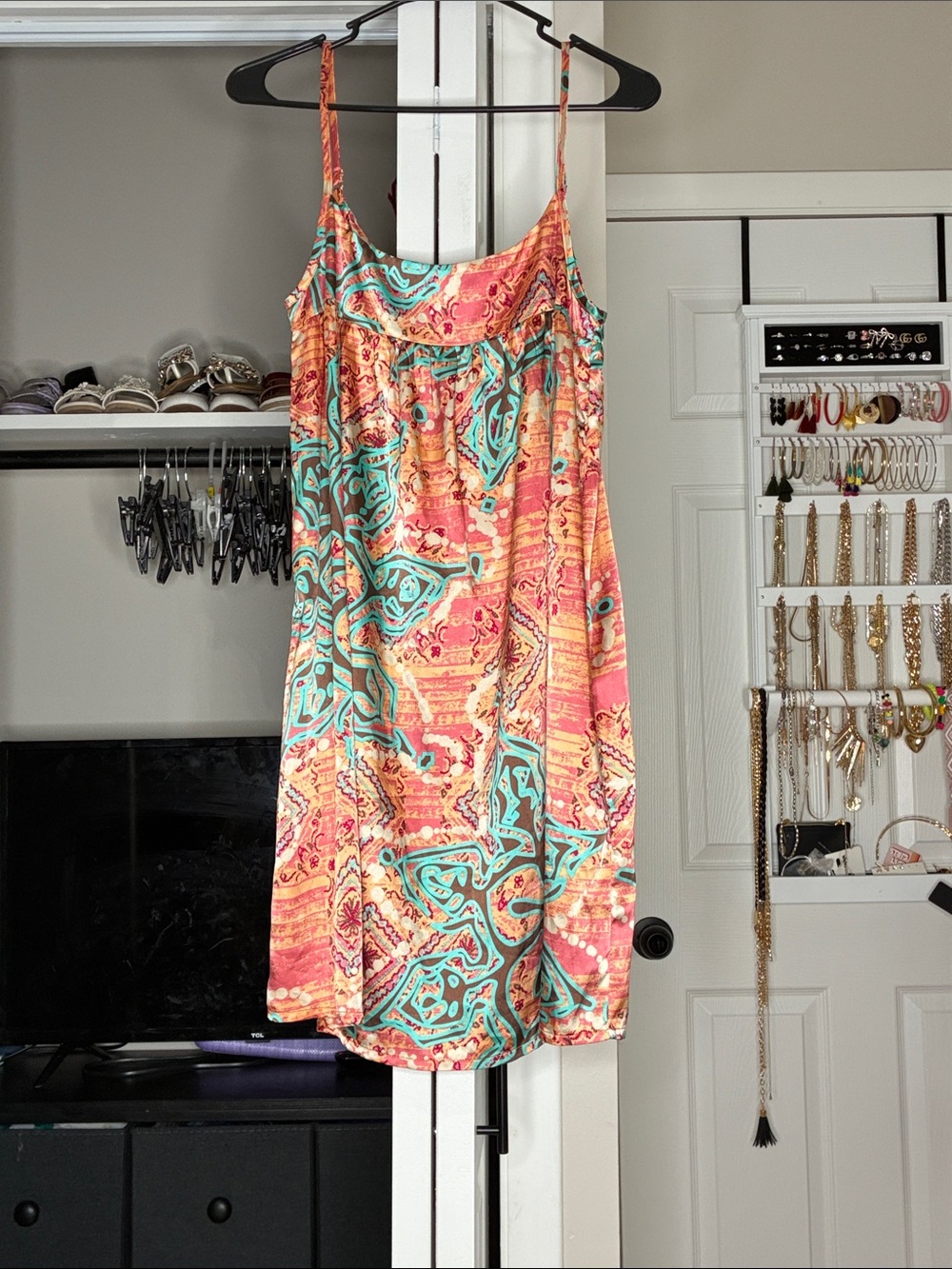 American Rag Coral and Teal Printed Mini Dress